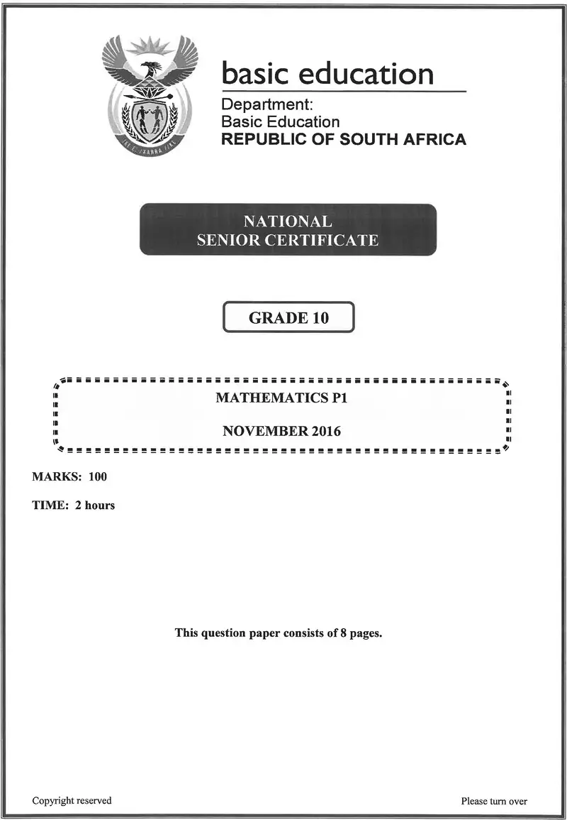 Grade 10 Mathematics past paper 2016 – mathematics p1 grade 10 nov 2016 eng