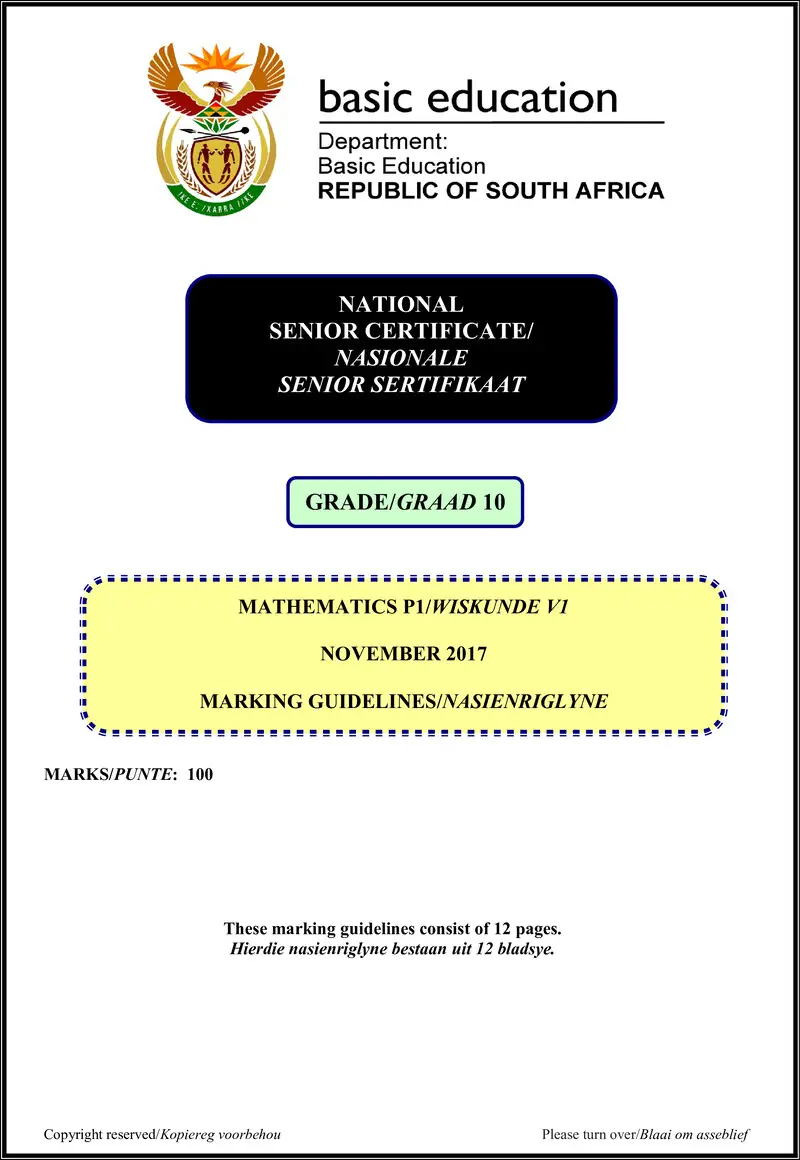 Grade 10 Mathematics past paper 2017 – mathematics p1 grade 10 nov 2017 memo afr eng
