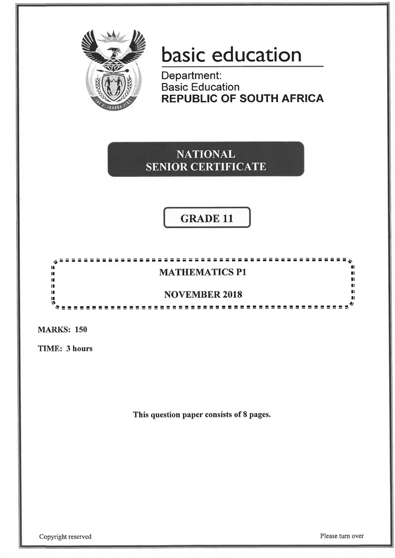 Grade 11 Mathematics past paper 2018 – mathematics p1 grade 11 nov 2018 eng