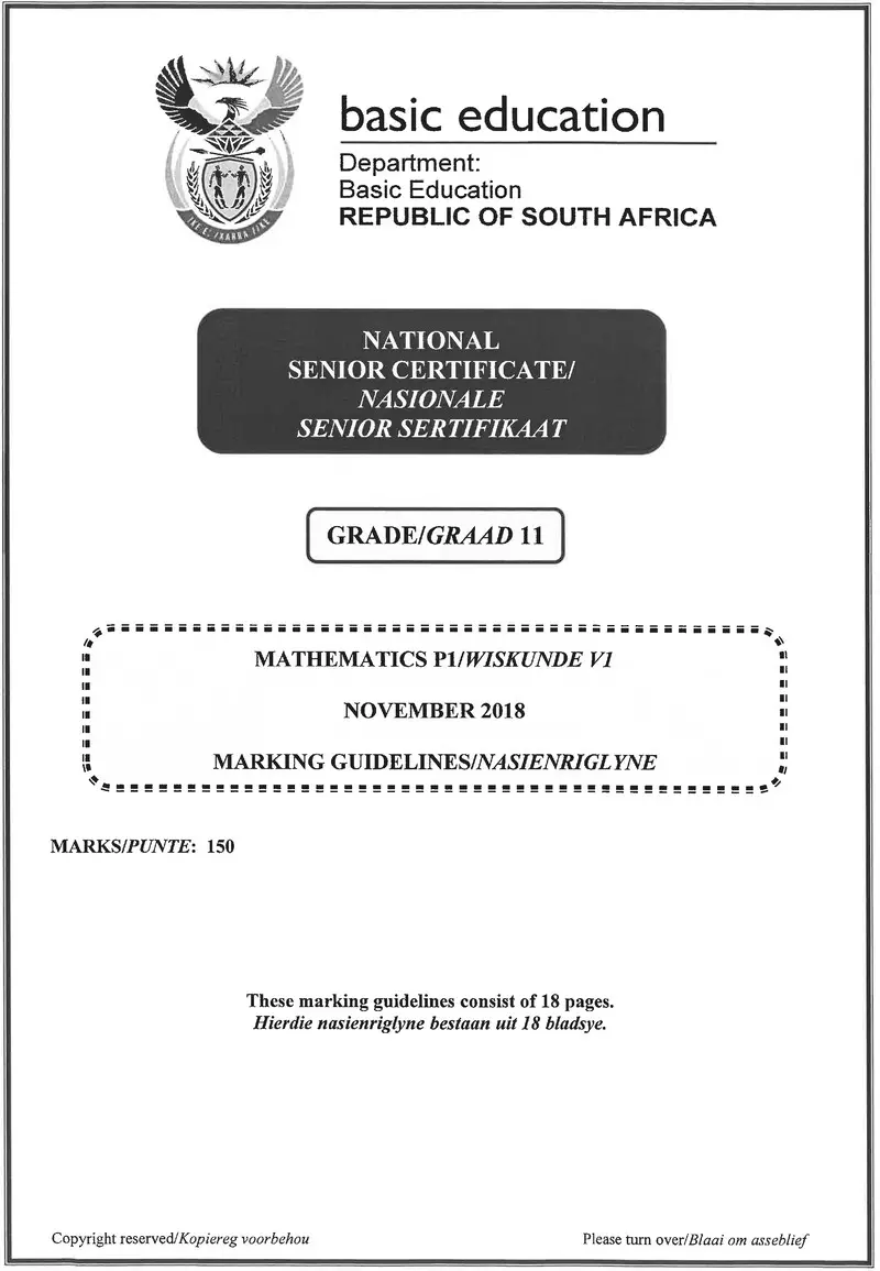 Grade 11 Mathematics past paper 2018 – mathematics p1 grade 11 nov 2018 memo eng afr