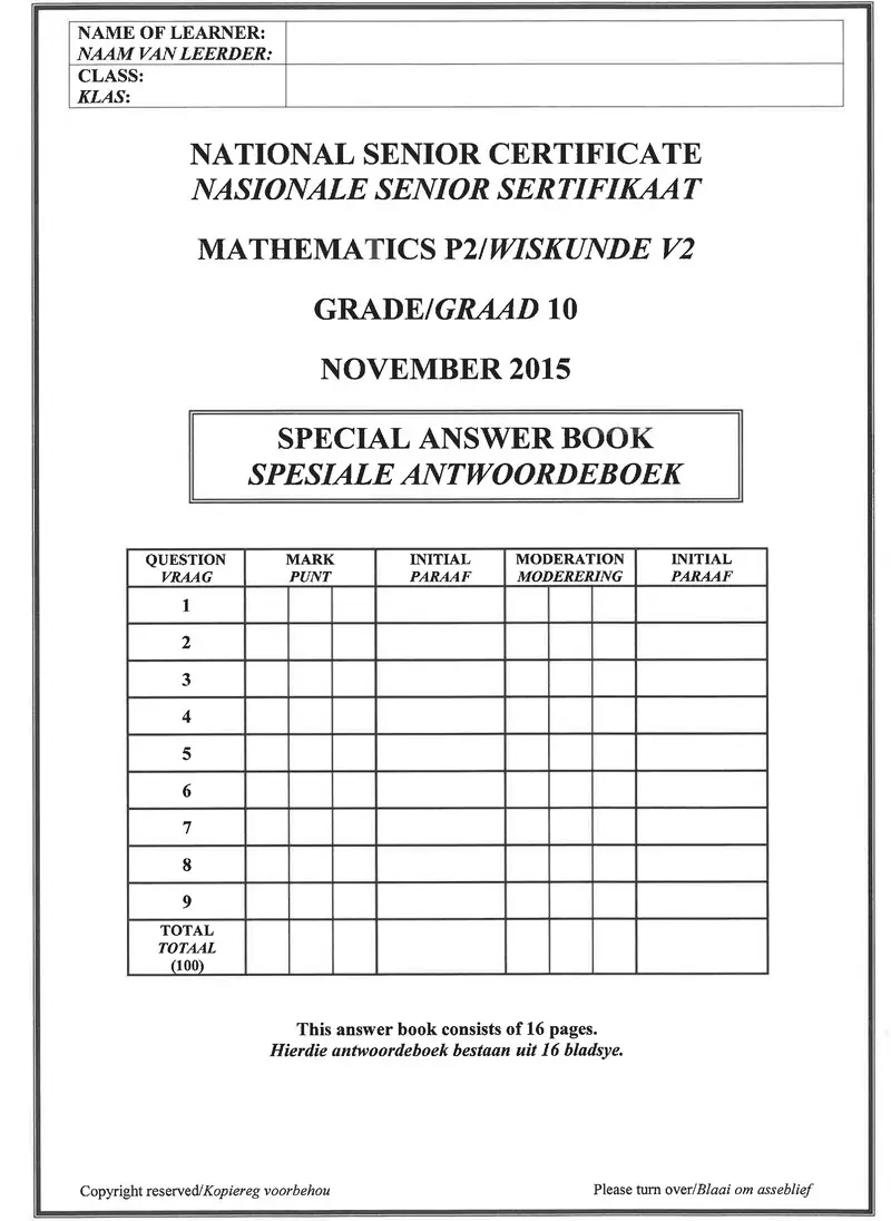 Grade 10 Mathematics past paper 2015 – mathematics p2 grade 10 nov 2015 answer book afr eng
