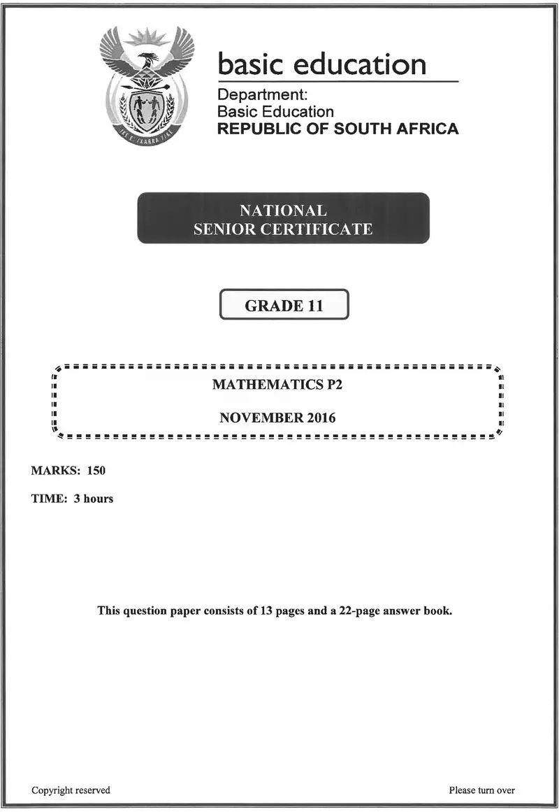 Grade 11 Mathematics past paper 2016 – mathematics p2 grade 11 nov 2016 eng