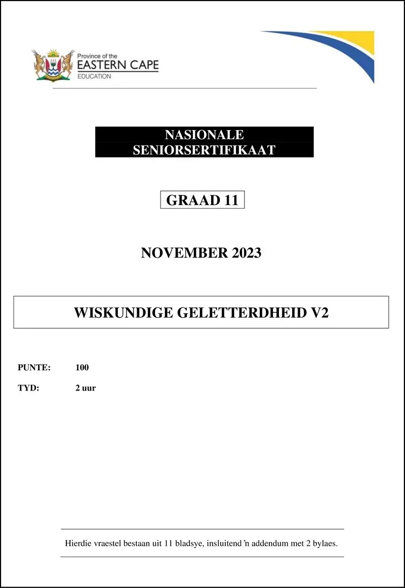Grade 11 Wiskundige Geletterdheid past paper 2023 – maths lit p2 qp gr11 nov 2023 afr