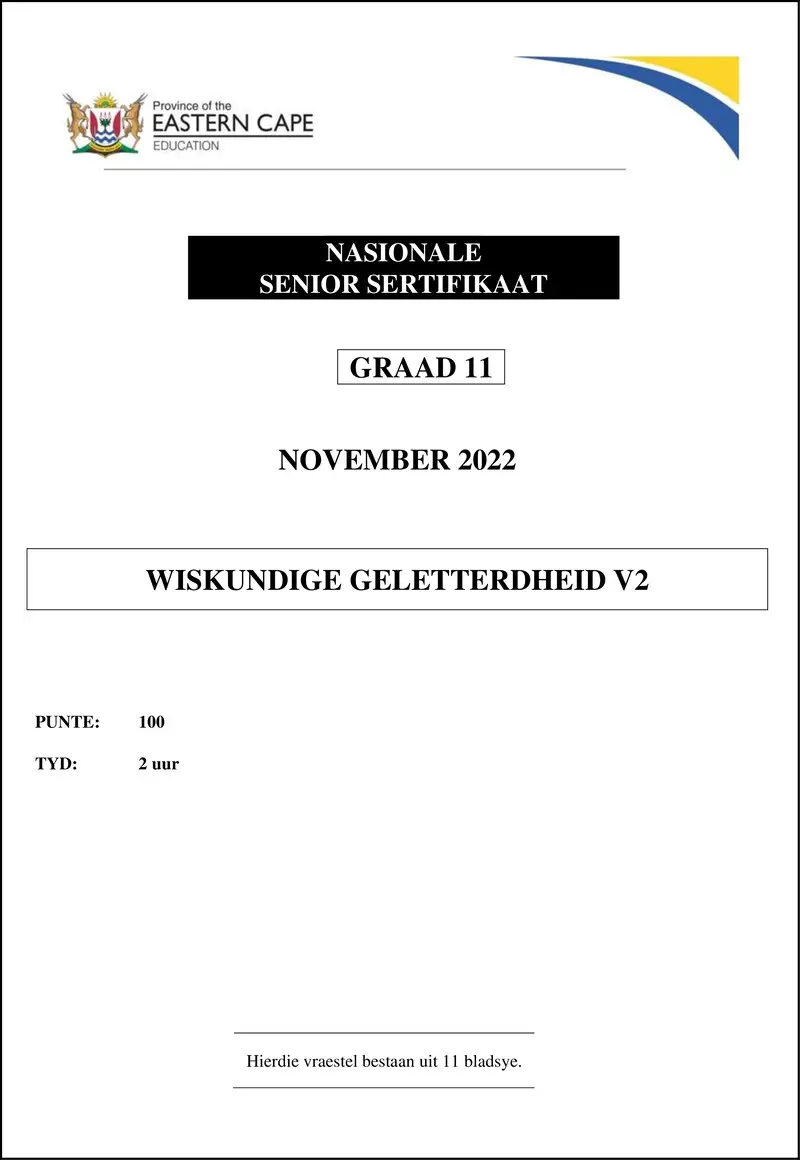 Grade 11 Wiskundige Geletterdheid past paper 2022 – maths lit p2 qp gr12 nov2022 afr