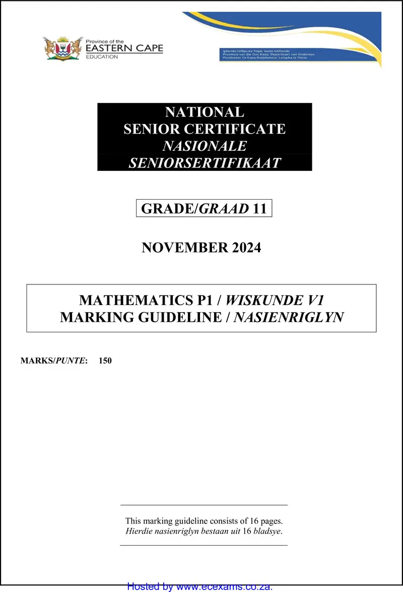 Grade 11 Wiskunde past paper 2024 – maths p1 memo gr11 nov2024 eng afr watermark