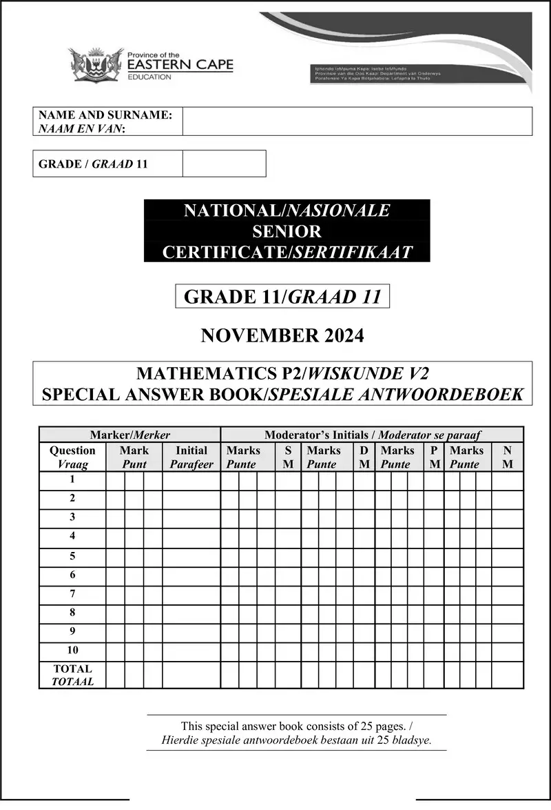 Grade 11 Wiskunde past paper 2024 – maths p2 answer book gr11 2024 eng afr d