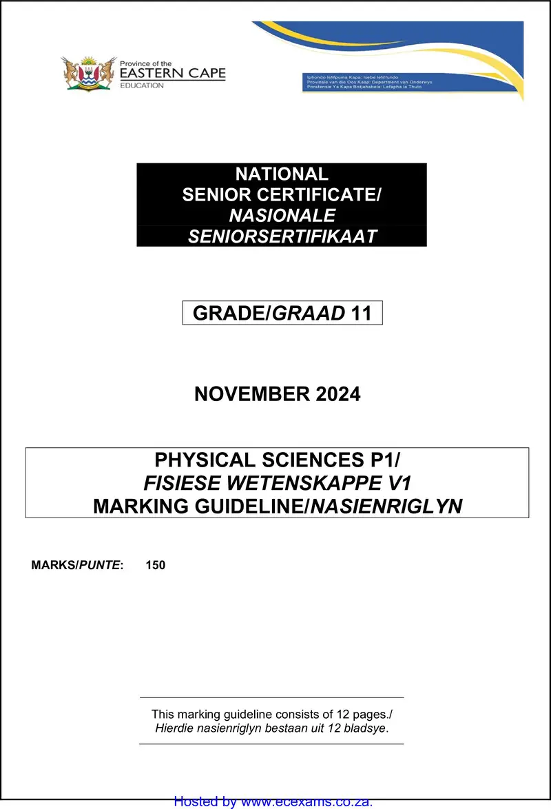 Grade 11 Physical Sciences past paper 2024 – phys sciences p1 gr11 memo nov 2024 eng afr watermark