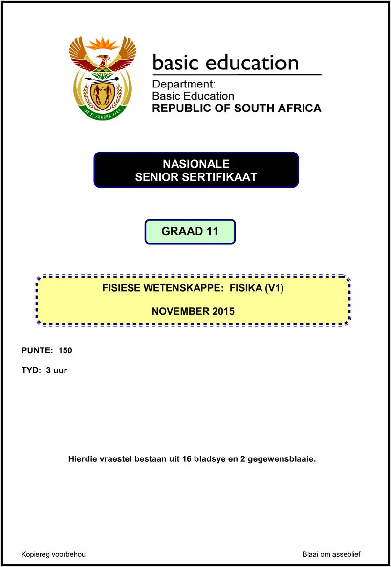 Grade 11 Physical Sciences past paper 2015 – physical sciences p1 grade 11 nov 2015 afr