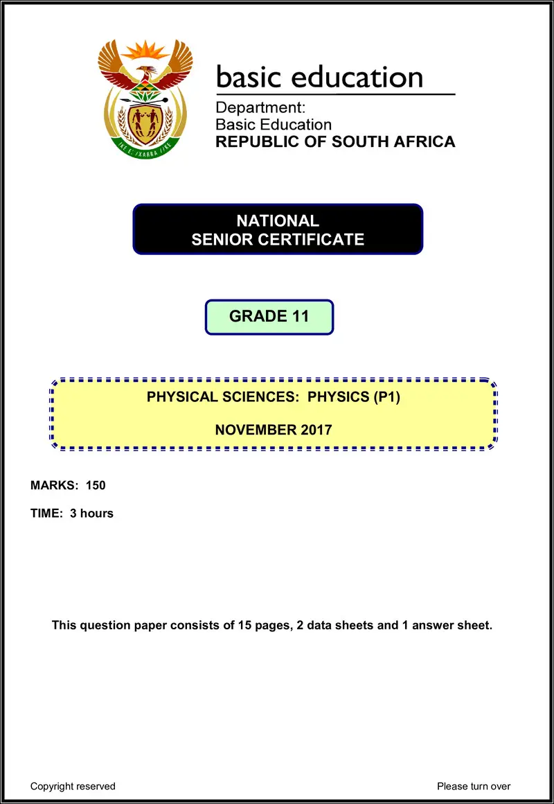 Grade 11 Physical Sciences past paper 2017 – physical sciences p1 grade 11 nov 2017 eng