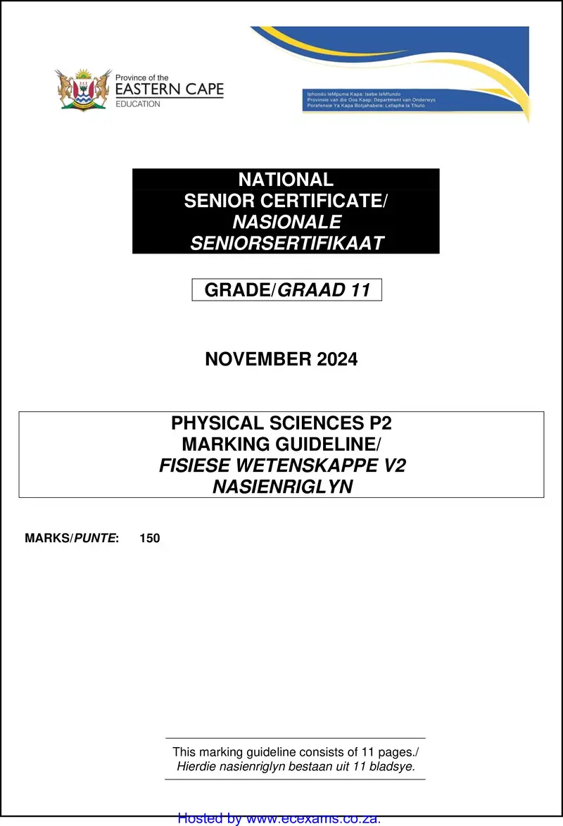 Grade 11 Physical Sciences past paper 2024 – physical sciences p2 gr11 memo 2024 eng afr watermark