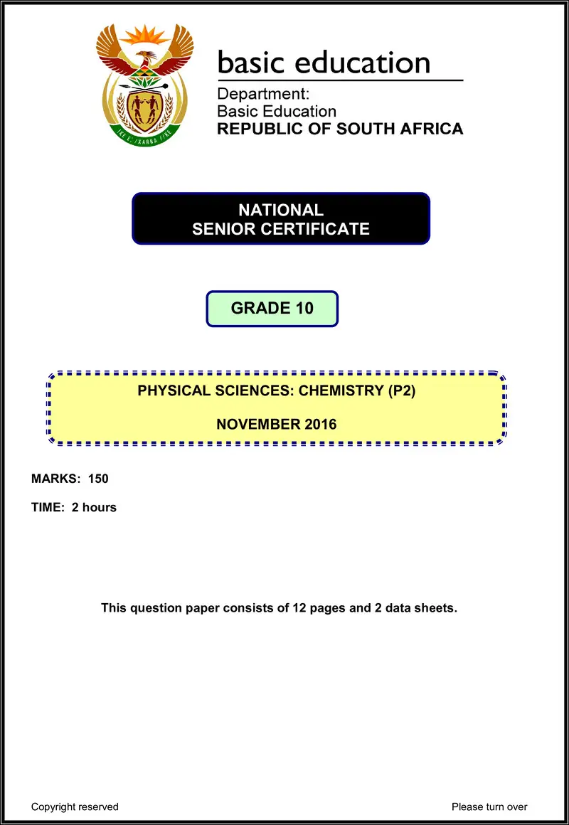 Grade 10 Physical Sciences past paper 2016 – physical sciences p2 grade 10 nov 2016 eng