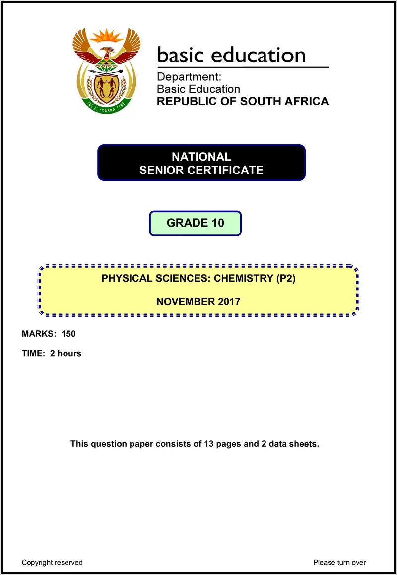 Grade 10 Physical Sciences past paper 2017 – physical sciences p2 grade 10 nov 2017 eng