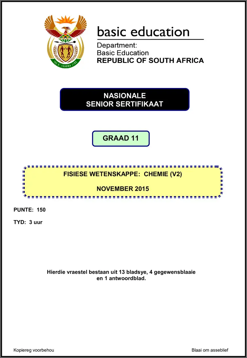 Grade 11 Physical Sciences past paper 2015 – physical sciences p2 grade 11 nov 2015 afr