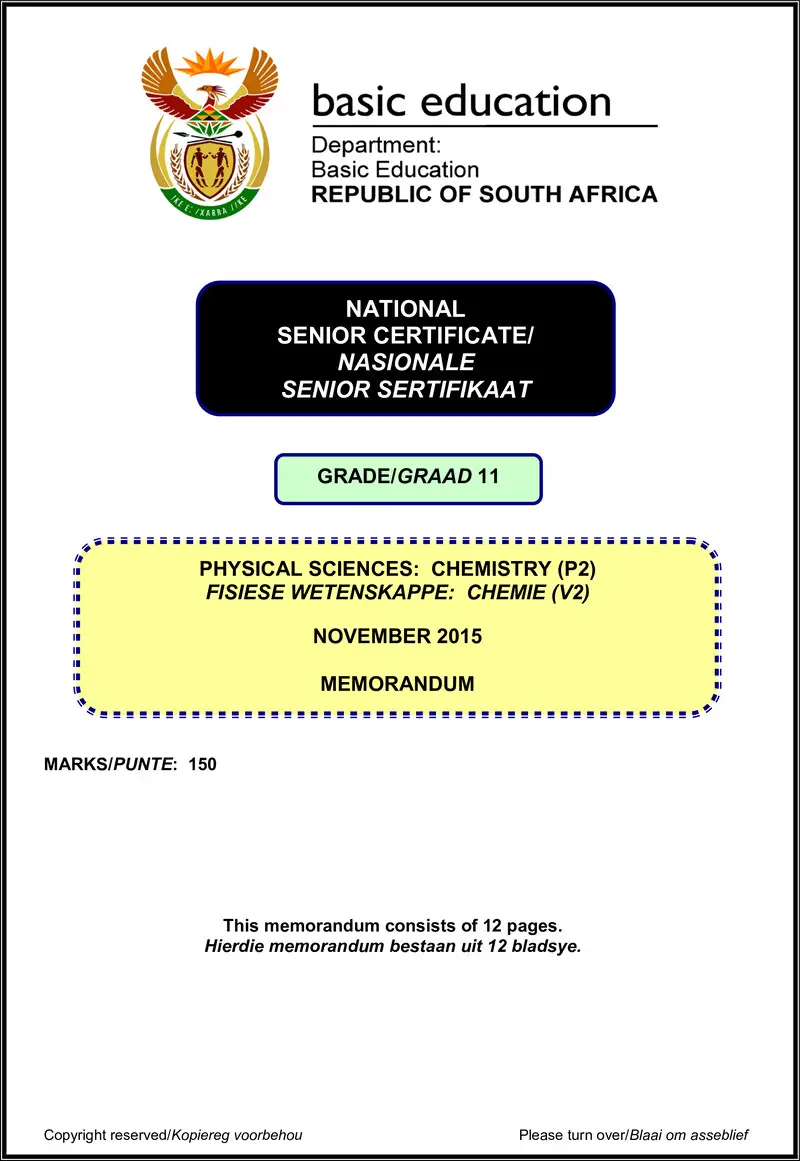 Grade 11 Physical Sciences past paper 2015 – physical sciences p2 grade 11 nov 2015 memo afr eng