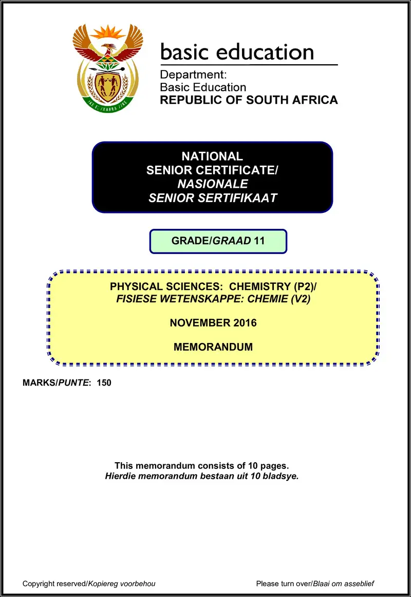 Grade 11 Physical Sciences past paper 2016 – physical sciences p2 grade 11 nov 2016 memo eng afr