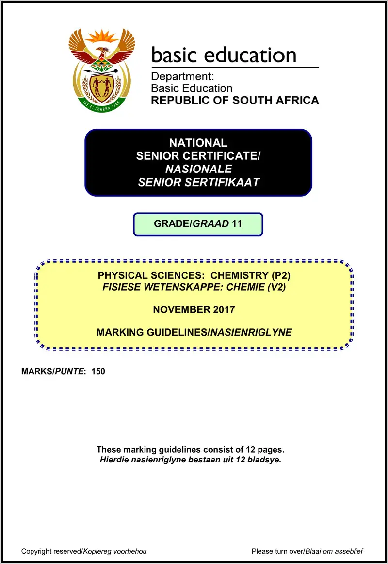 Grade 11 Physical Sciences past paper 2017 – physical sciences p2 grade 11 nov 2017 memo afr eng