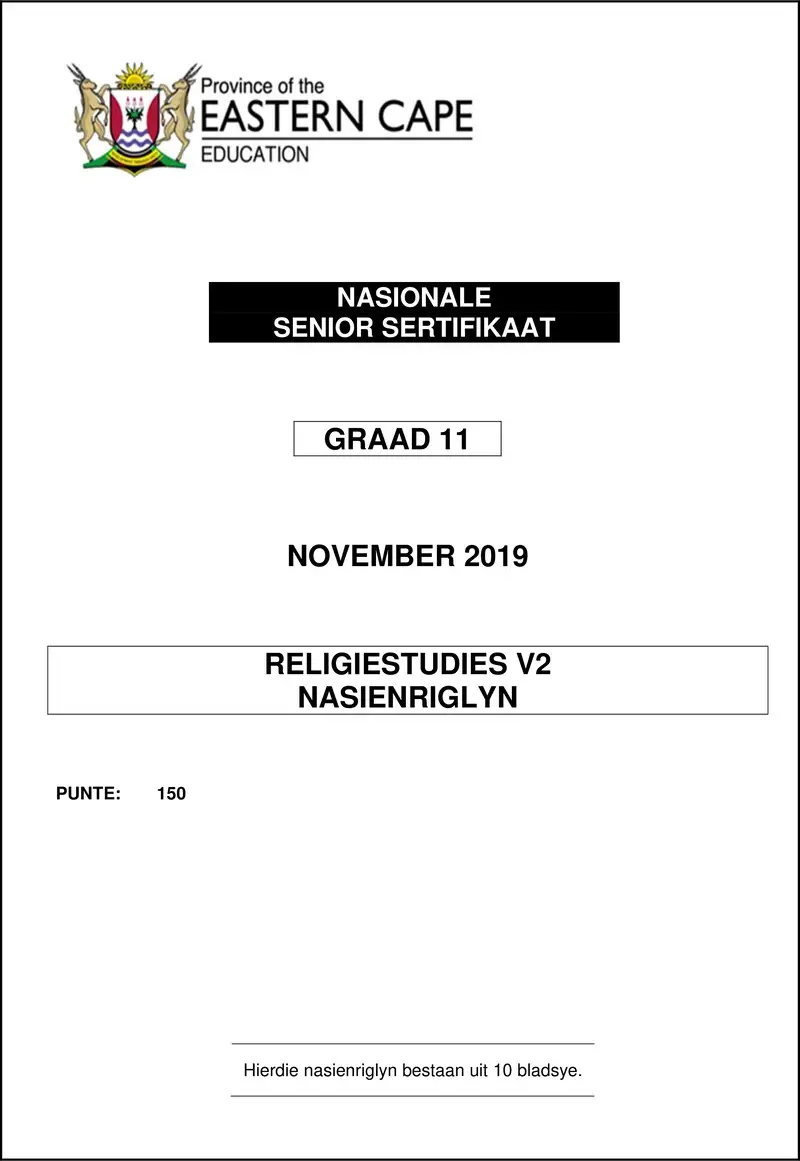 Grade 11 Religion Studies past paper 2019 – religion studies p2 gr11 memo nov2019 afr