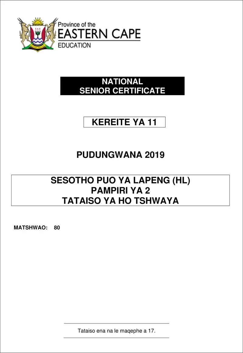 Grade 11 Sesotho past paper 2019 – sesotho hl p2 gr11 memo nov2019