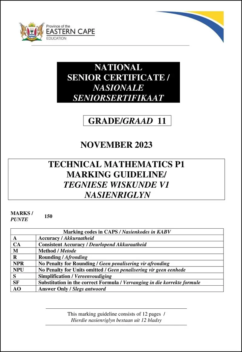 Grade 11 English past paper 2023 – tech maths p1 memo gr11 nov2023 afr english