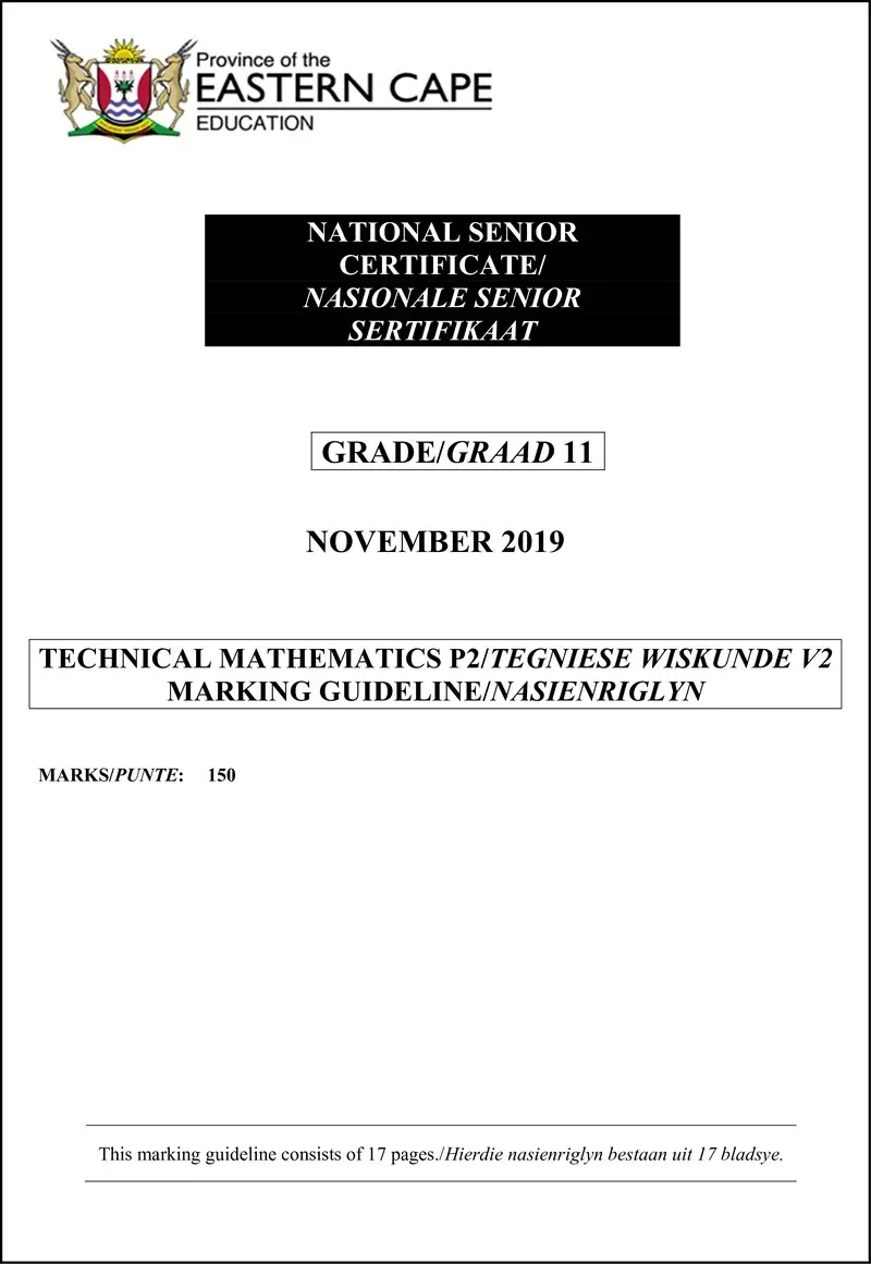 Grade 11 Technical Mathematics past paper 2019 – tech maths p2 gr11 p2 memo nov2019 a e