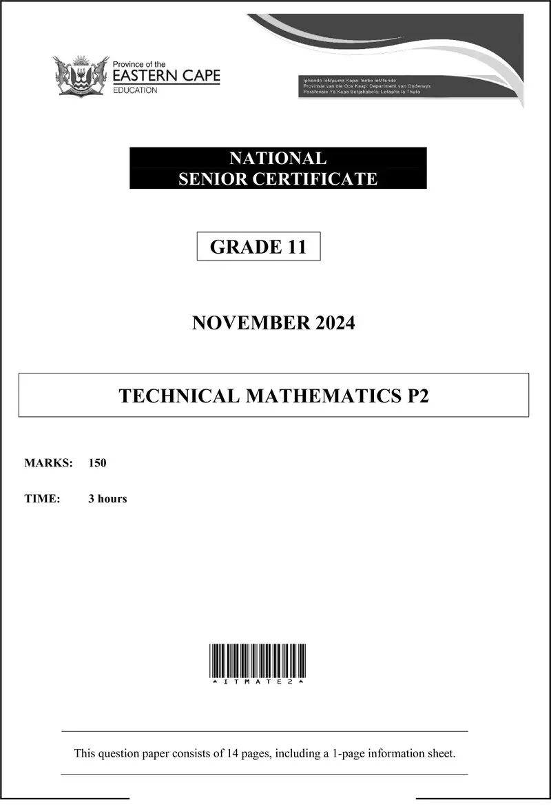 Grade 11 Technical Mathematics past paper 2024 – tech maths p2 nov 2024 eng d