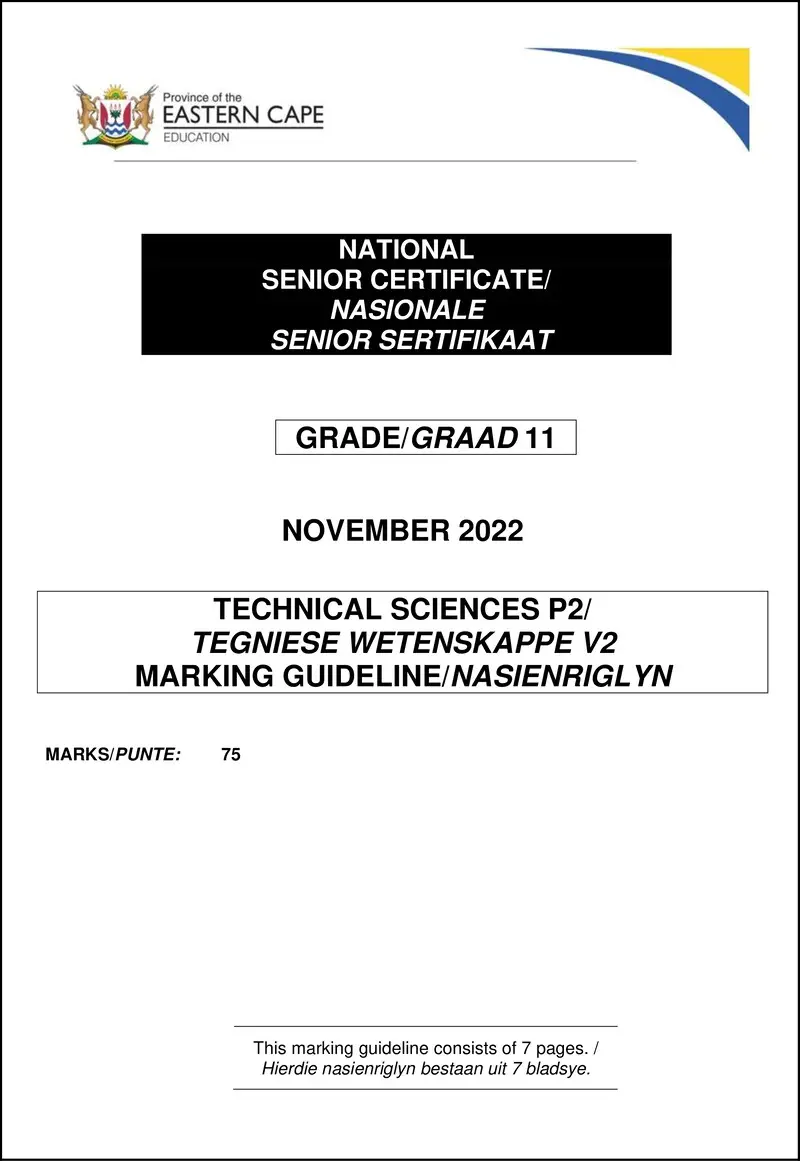 Grade 11 Technical Sciences past paper 2022 – tech sciences p2 gr11 memo nov2022 afr engl