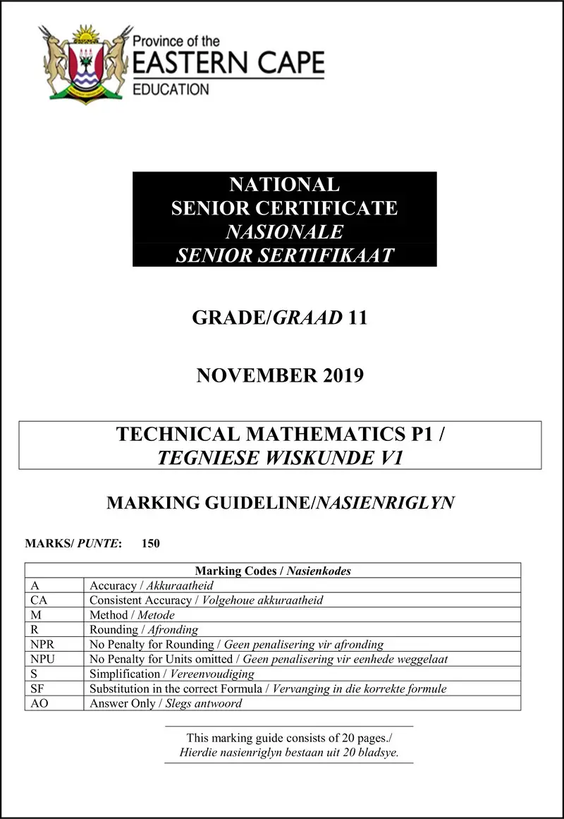 Grade 11 Technical Mathematics past paper 2019 – tech maths pi gr11 memo nov2019 engl afr
