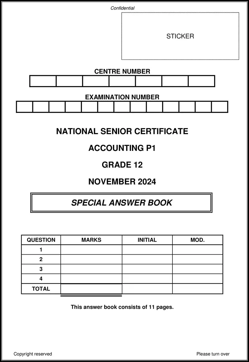 Grade 12 Accounting past paper 2024 – accounting p1 nov 2024 answer book eng gr12