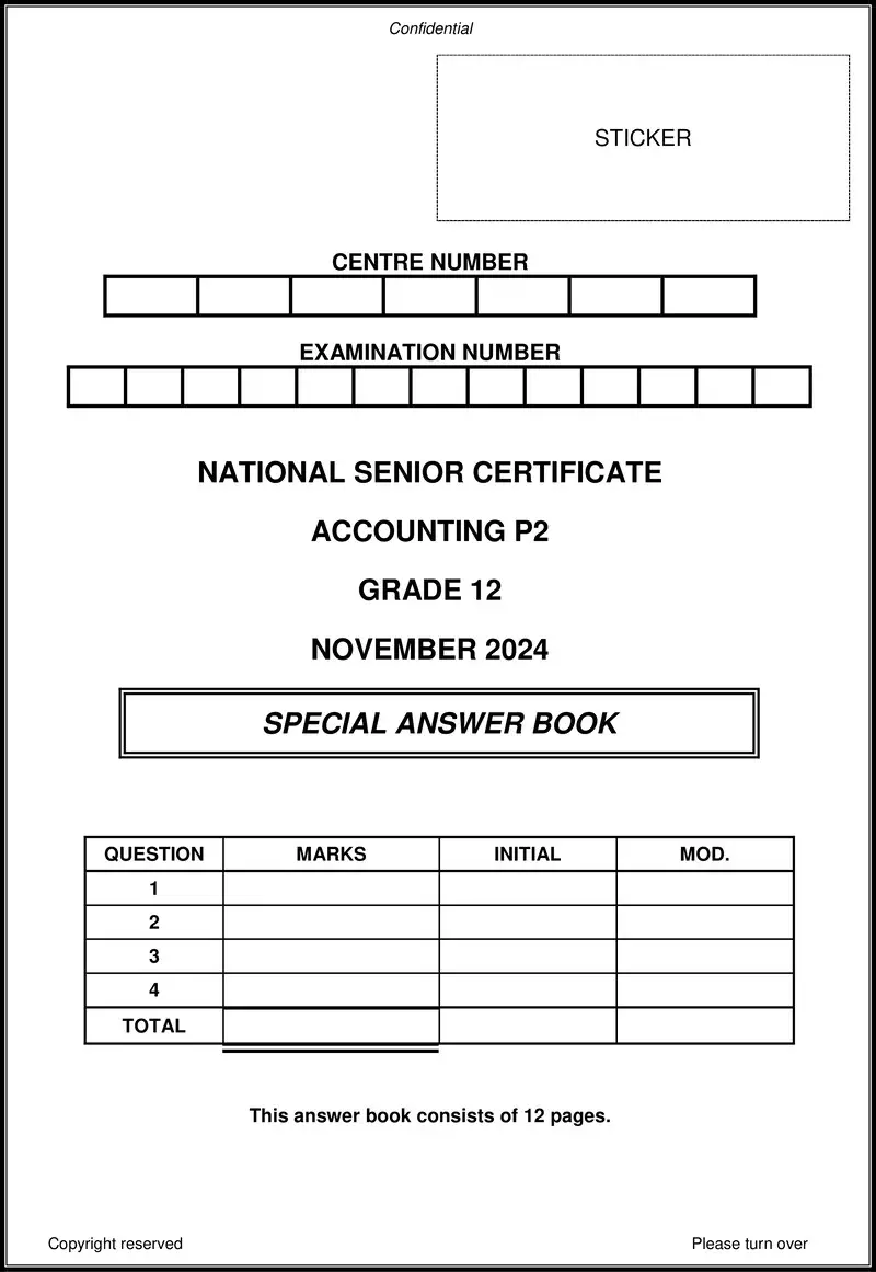 Grade 12 Accounting past paper 2024 – accounting p2 nov 2024 answer book eng gr12
