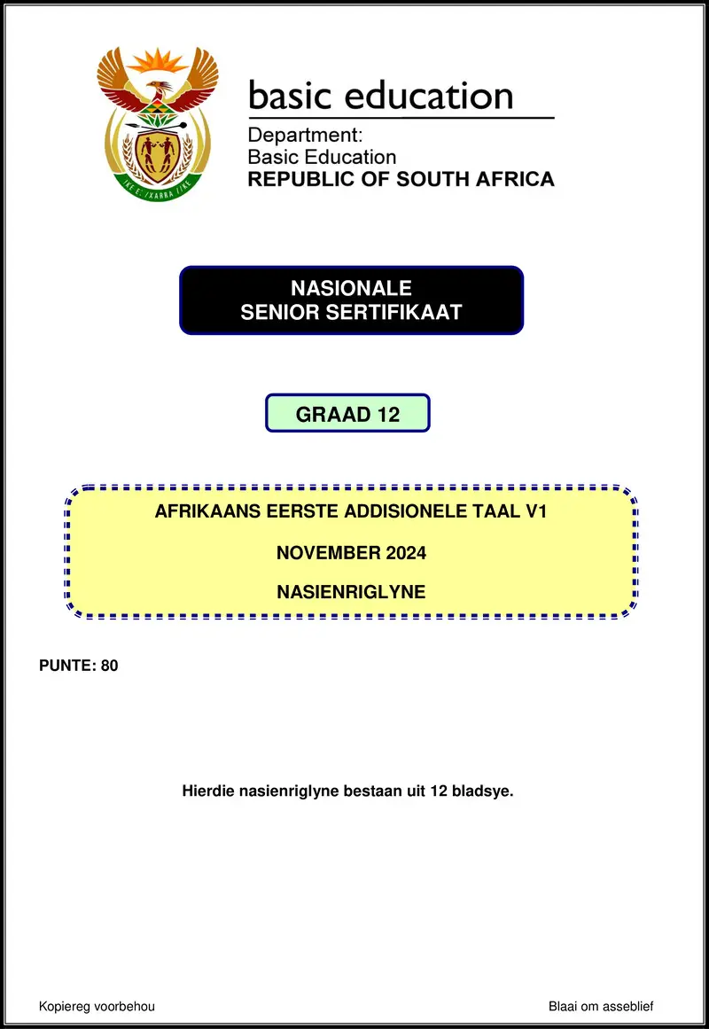Grade 12 Afrikaans past paper 2024 – afrikaans fal p1 nov 2024 mg gr12