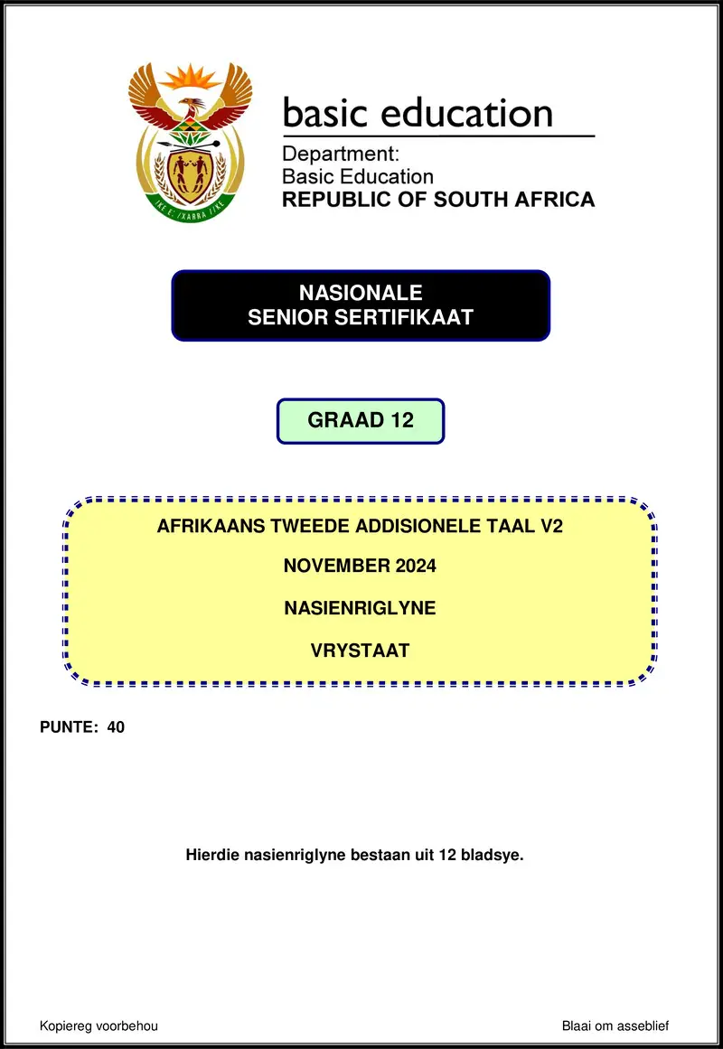 Grade 12 Afrikaans past paper 2024 – afrikaans sal p2 nov 2024 mg free state gr12