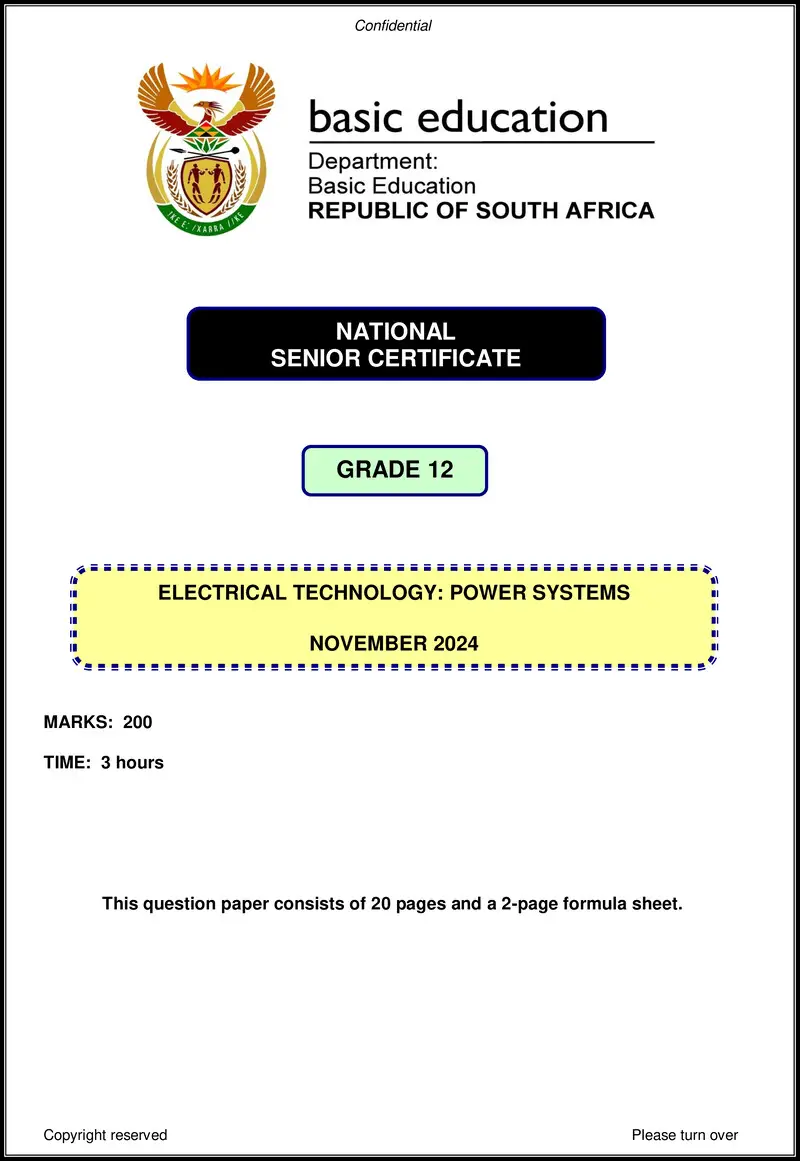 Grade 12 Electrical Technology past paper 2024 – electrical technology nov 2024 power systems eng gr12