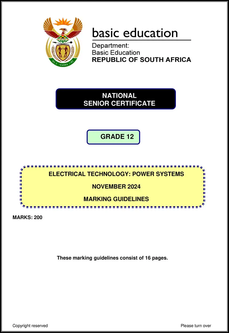 Grade 12 Electrical Technology past paper 2024 – electrical technology nov 2024 power systems mg eng gr12