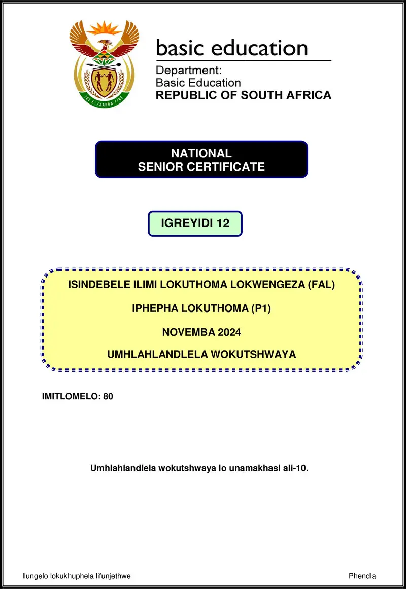 Grade 12 isiNdebele past paper 2024 – isindebele fal p1 nov 2024 mg gr12