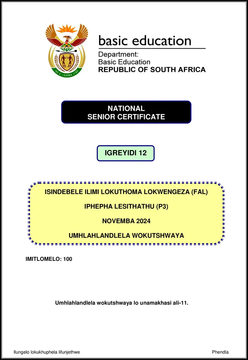 Grade 12 isiNdebele past paper 2024 – isindebele fal p3 nov 2024 mg gr12