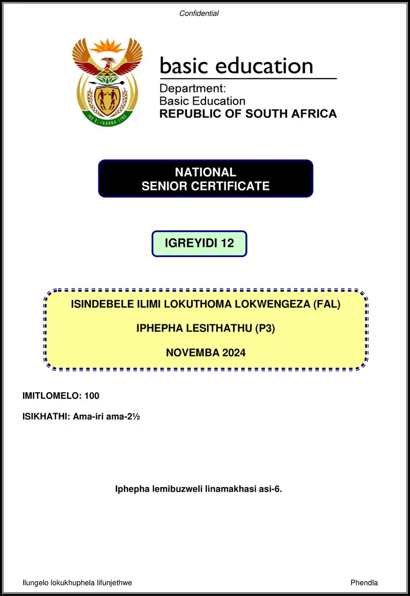 Grade 12 isiNdebele past paper 2024 – isindebele fal p3 nov 2024 gr12
