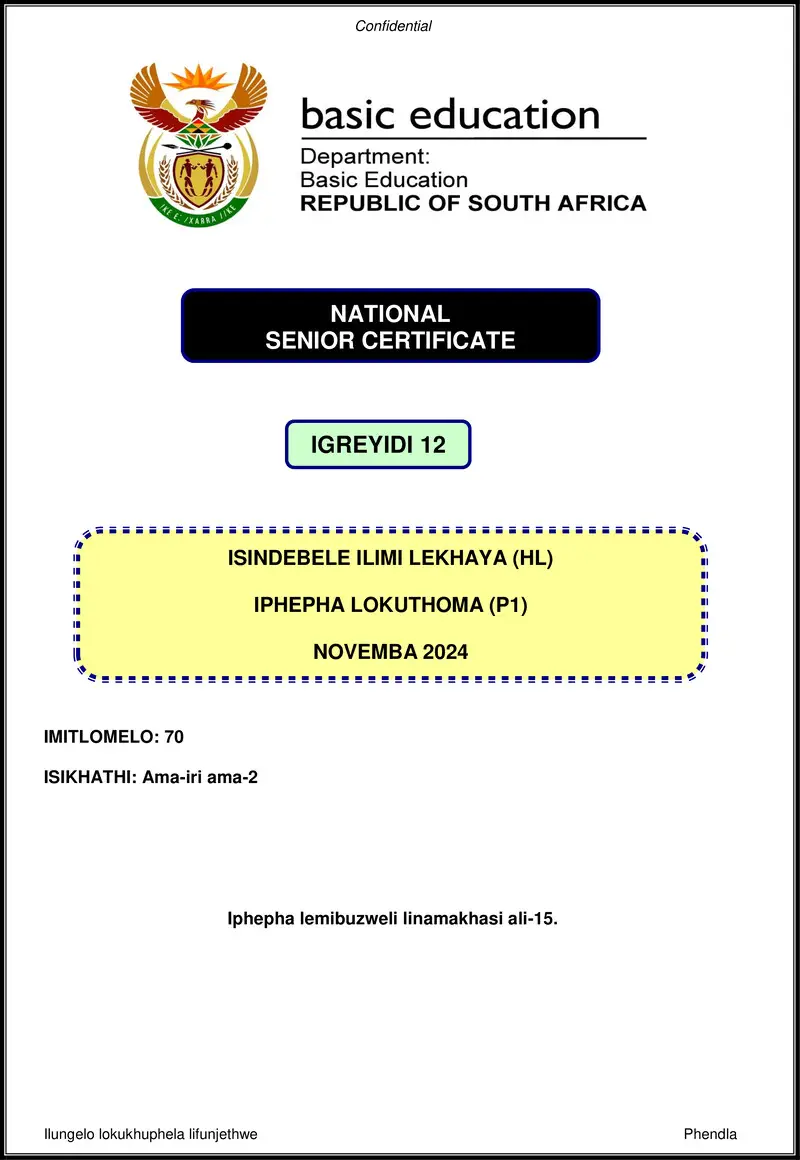 Grade 12 isiNdebele past paper 2024 – isindebele hl p1 nov 2024 gr12