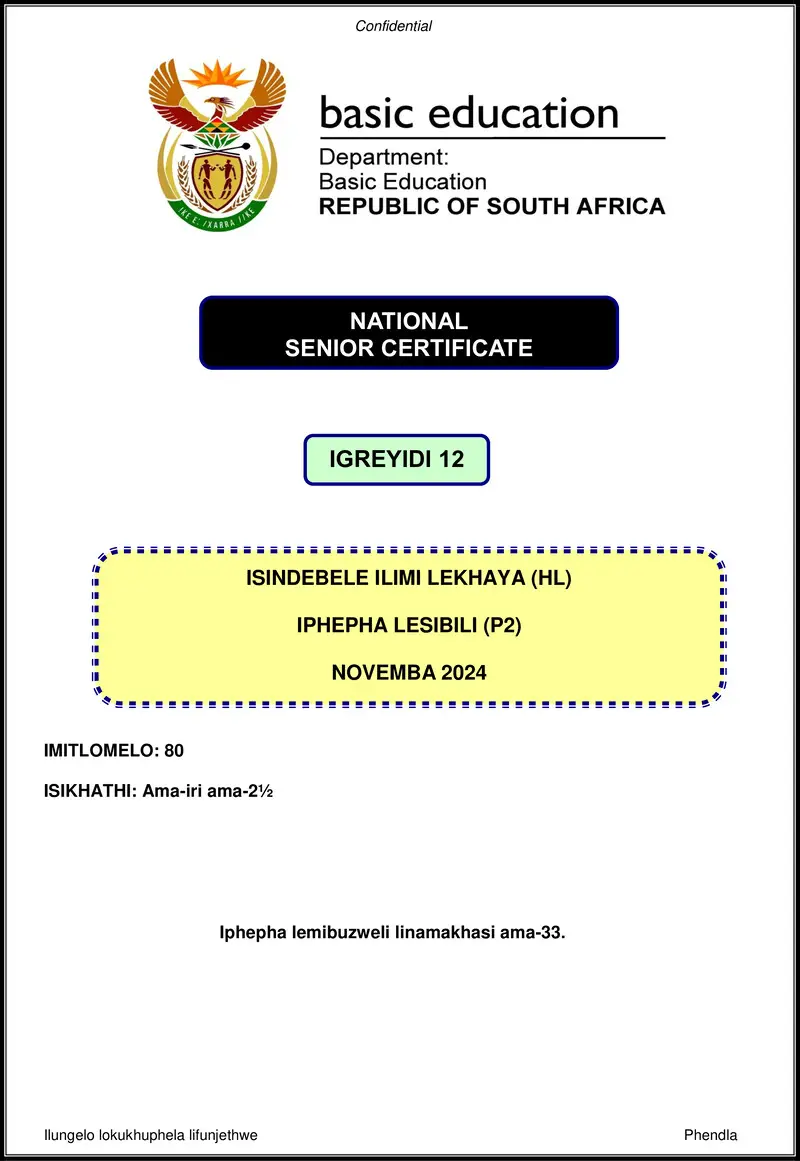 Grade 12 isiNdebele past paper 2024 – isindebele hl p2 nov 2024 gr12