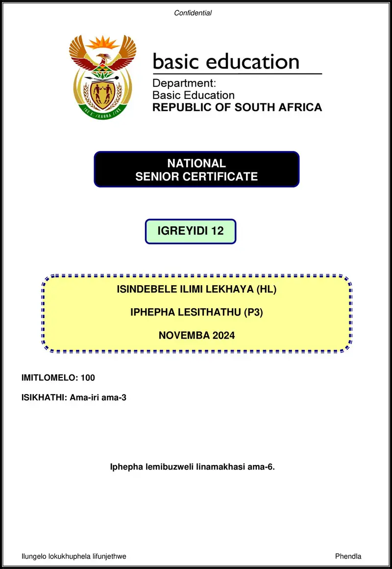 Grade 12 isiNdebele past paper 2024 – isindebele hl p3 nov 2024 gr12