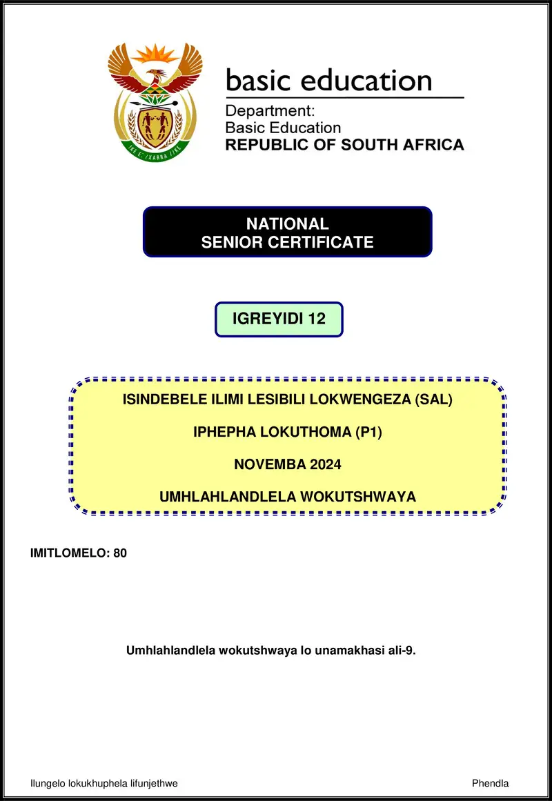 Grade 12 isiNdebele past paper 2024 – isindebele sal p1 nov 2024 mg gr12