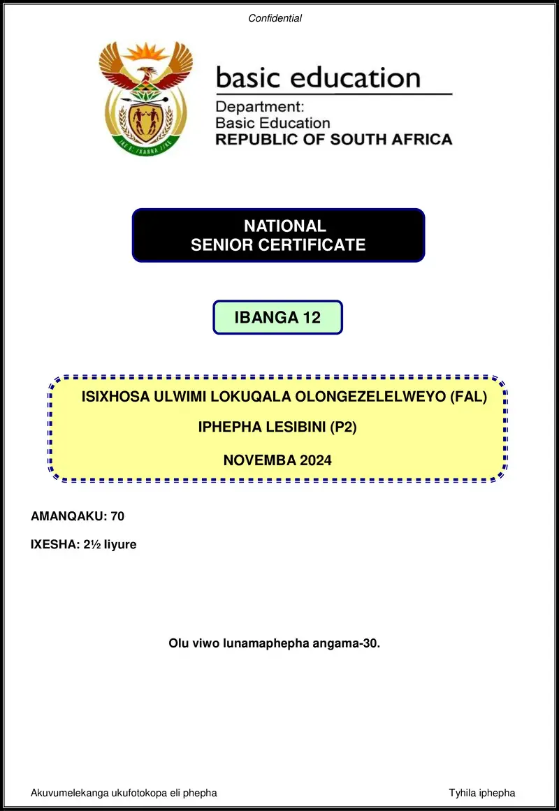 Grade 12 isiXhosa past paper 2024 – isixhosa fal p2 nov 2024 gr12