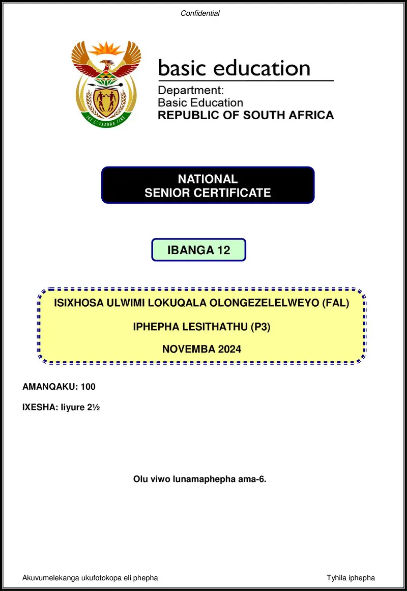 Grade 12 isiXhosa past paper 2024 – isixhosa fal p3 nov 2024 gr12