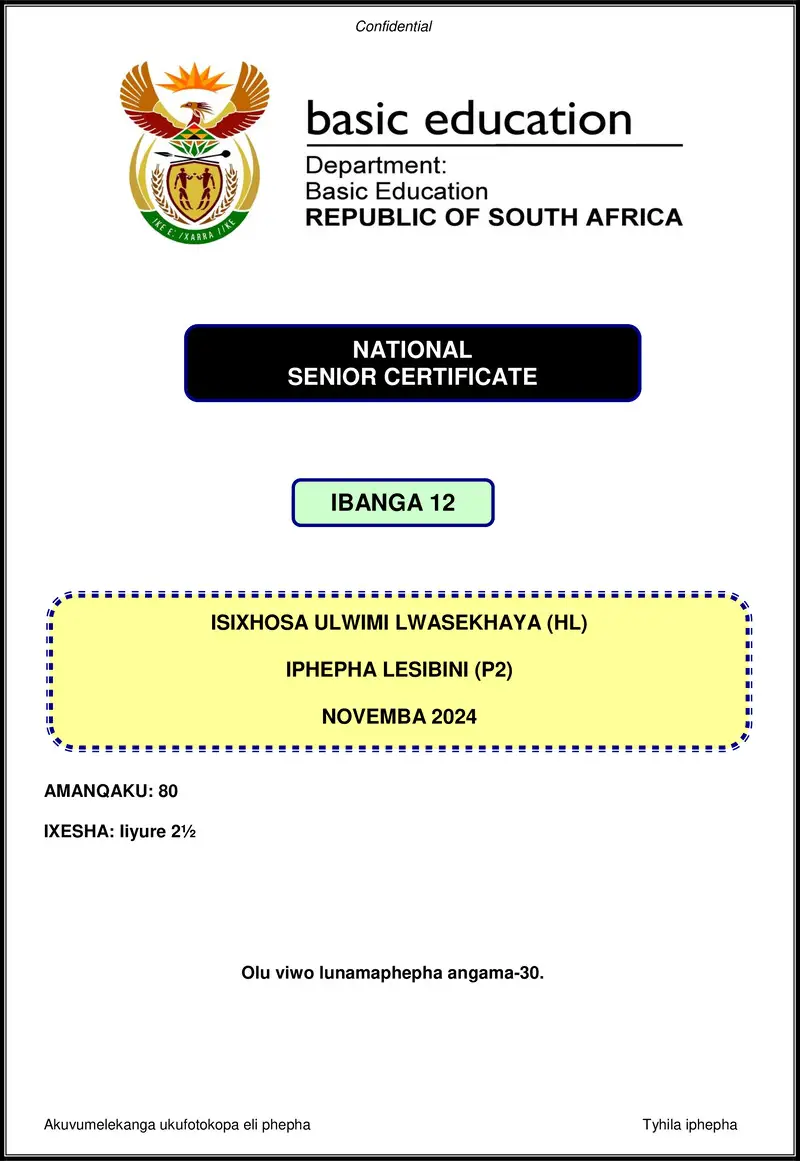 Grade 12 isiXhosa past paper 2024 – isixhosa hl p2 nov 2024 gr12