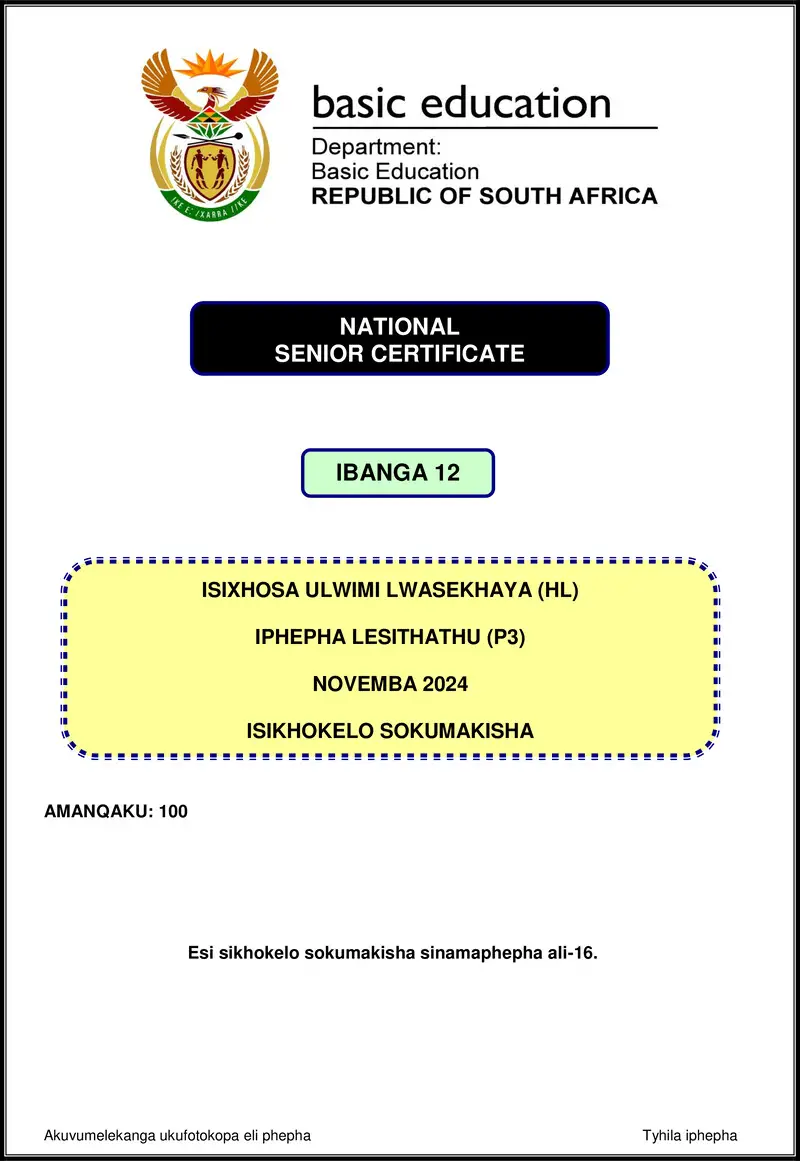 Grade 12 isiXhosa past paper 2024 – isixhosa hl p3 nov 2024 mg gr12
