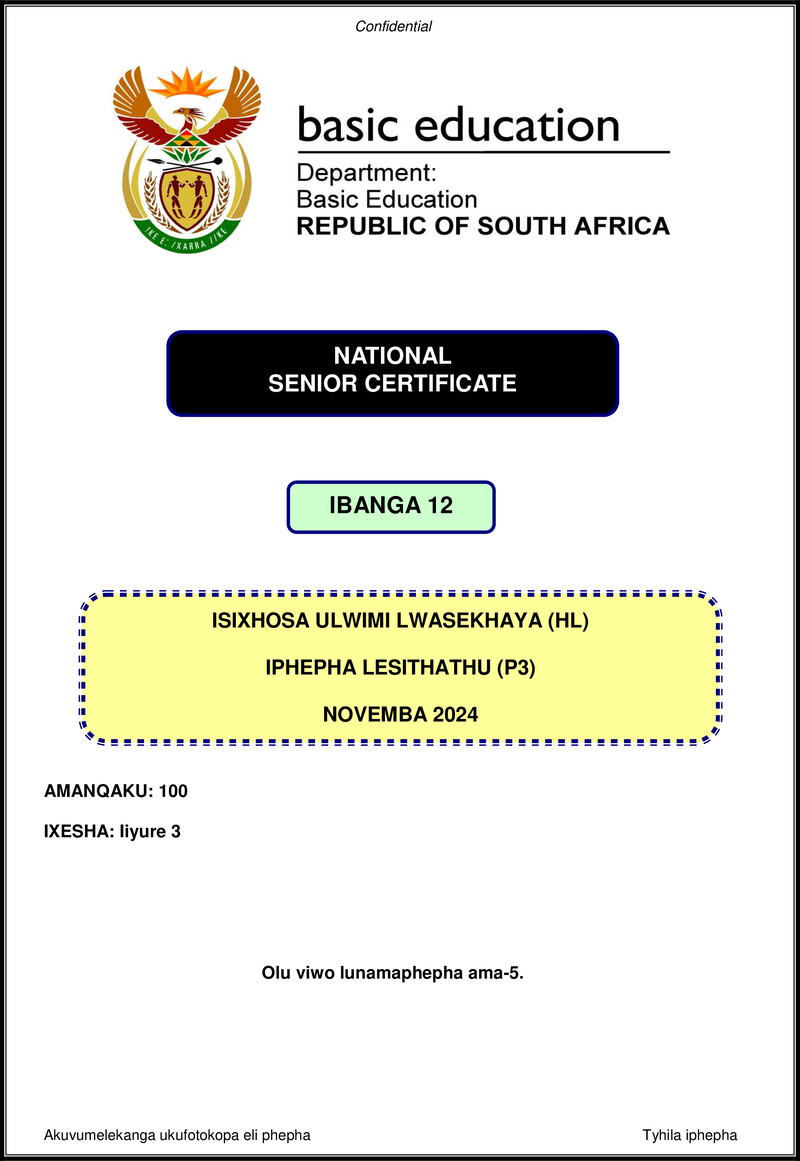 Grade 12 isiXhosa past paper 2024 – isixhosa hl p3 nov 2024 gr12