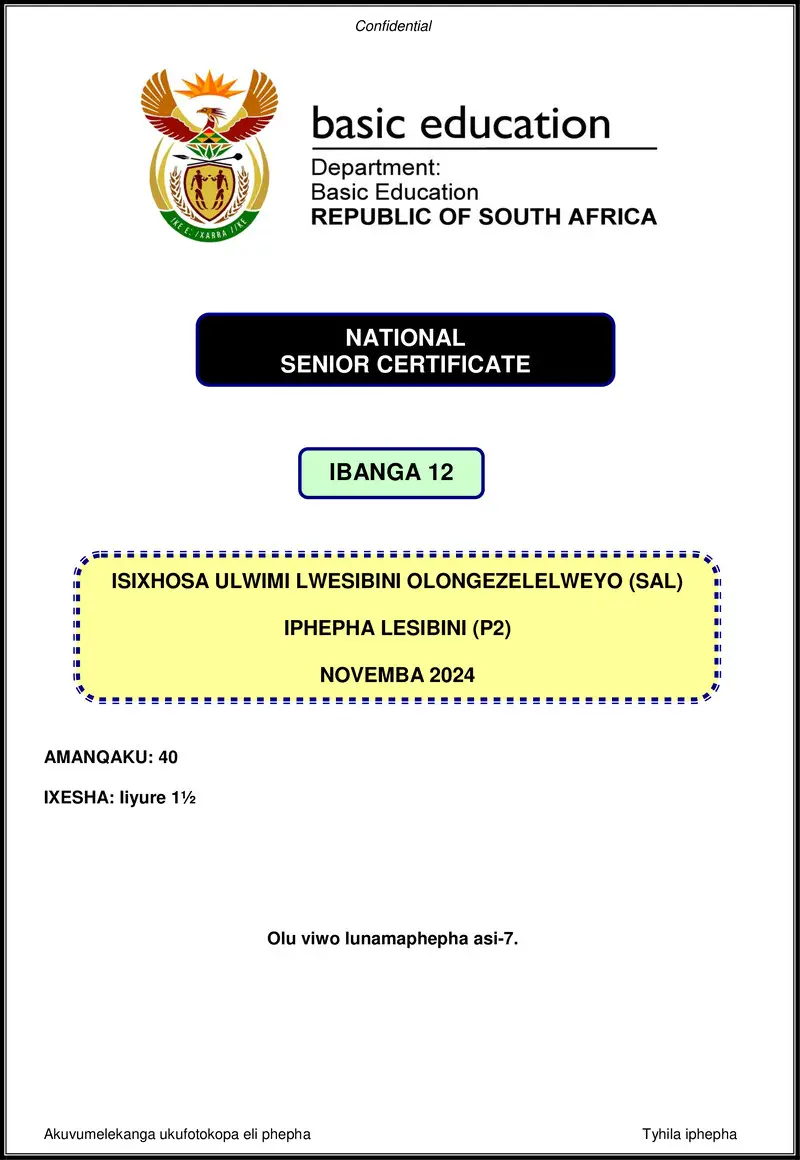 Grade 12 isiXhosa past paper 2024 – isixhosa sal p2 nov 2024 gr12