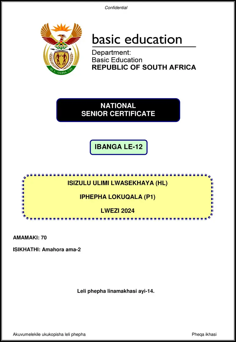 Grade 12 isiZulu past paper 2024 – isizulu hl p1 nov 2024 gr12