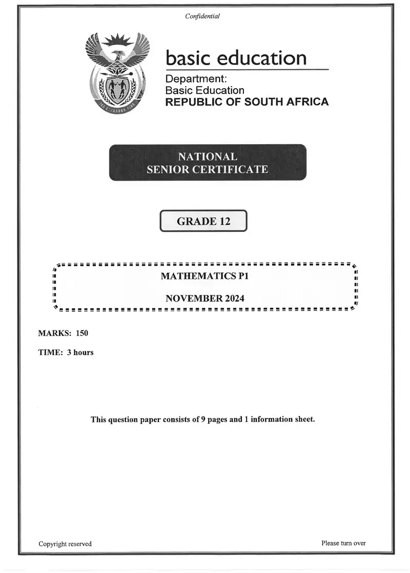 Grade 12 Mathematics past paper 2024 – mathematics p1 nov 2024 eng gr12