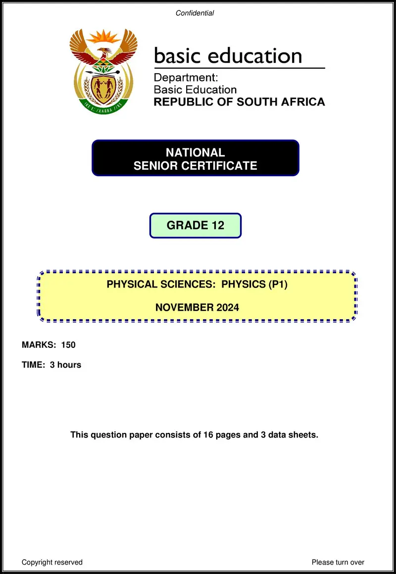 Grade 12 Physical Sciences past paper 2024 – physical sciences p1 nov 2024 eng gr12