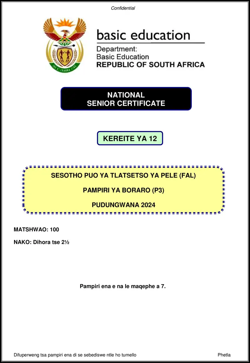 Grade 12 Sesotho past paper 2024 – sesotho fal p3 nov 2024 1 gr12